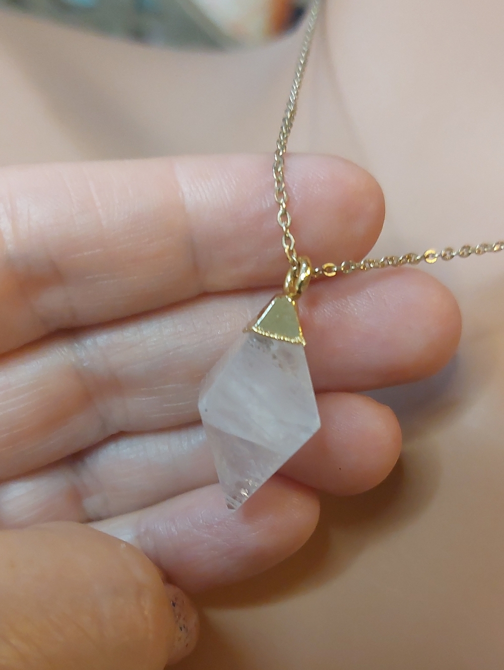 Faceted Rose Quartz Crystal Kite Pendant Goldtone Chain Necklace 16-17"
